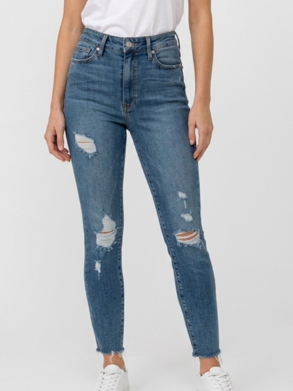 Good American Good Waist Crop Raw Edge Distressed Skinny Jeans Blue Size 10/30
